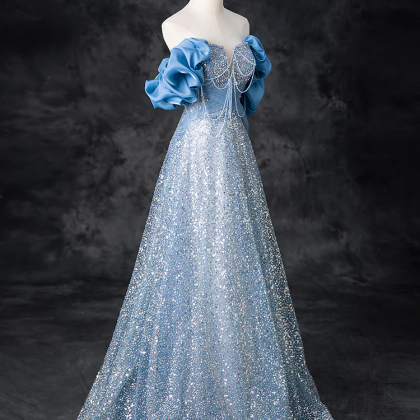 A-line Off Shoulder Sequin Beads Blue Long Prom..