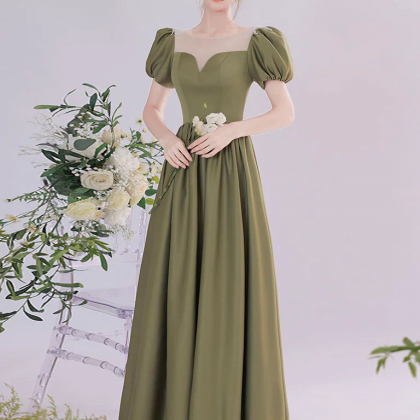 A-line Green Satin Tea Length Prom Dress, Green..