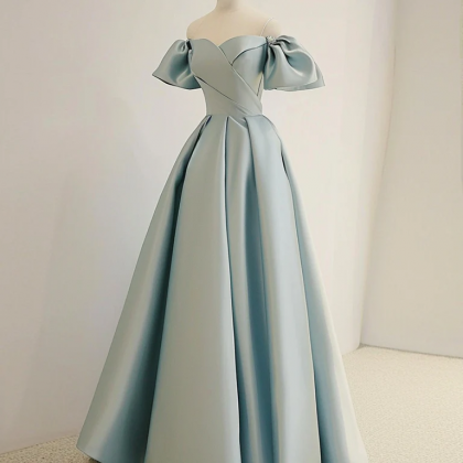 A-line Sweetheart Neck Satin Blue Long Prom Dress,..
