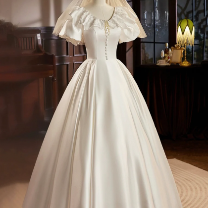 Retro Satin Tea Length Prom Dress With Lace, White..