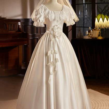 White Satin Tea Length Prom Dress With Lace, Retro..