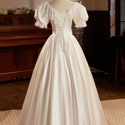 White Satin Tea Length Prom Dress With Lace, Retro..