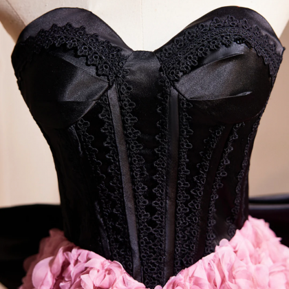 Black Satin And Pink Ruffle Flower Short Prom..