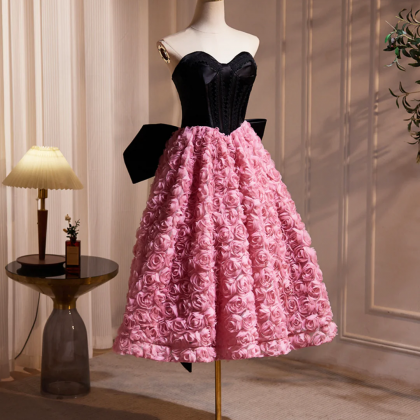 Black Satin And Pink Ruffle Flower Short Prom..