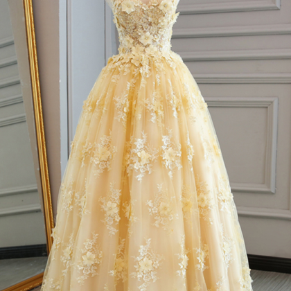 Yellow Lace Customize Long A-line Senior Prom..