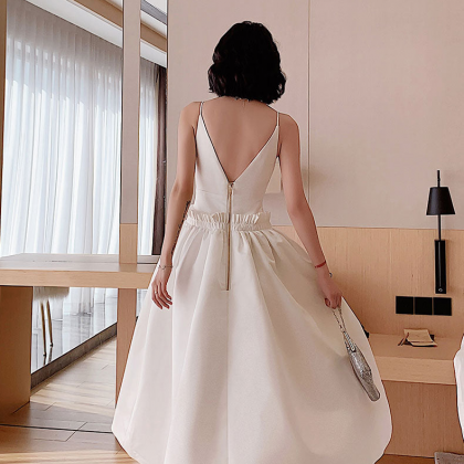 White Satin Elegant Dress Tea Length Prom Dress..