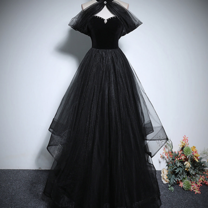 A-line Tulle Black Long Prom Dress Formal Dress