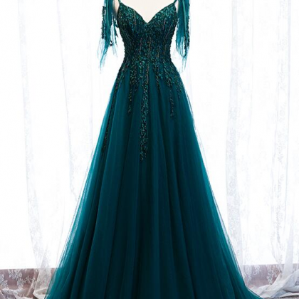 Peacock Blue Pretty Prom Dress, Spaghetti Strap..