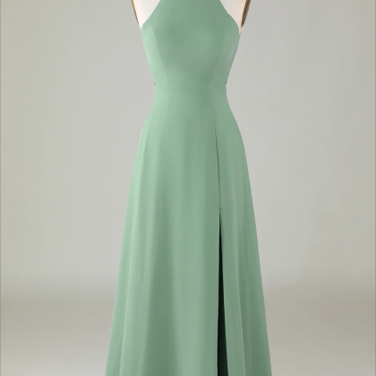 Mint Green Prom Dresses, A-line Halter Open Back..