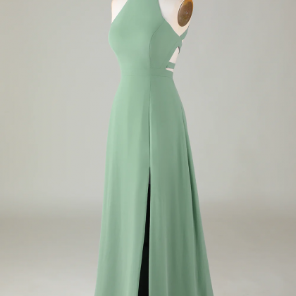 Mint Green Prom Dresses, A-line Halter Open Back..