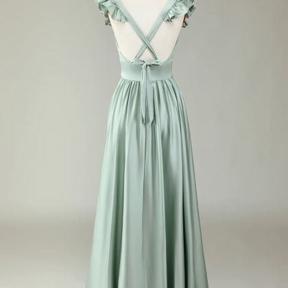 Satin Prom Dresses, Deep Light Green V-neck Matcha..