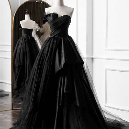 A-line Satin Black Long Prom Dress Formal Dress..