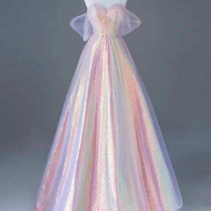 Champagne Pink Sweetheart Neck Tulle Sequin Long..