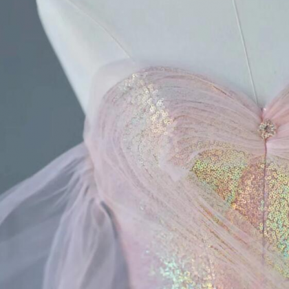 Champagne Pink Sweetheart Neck Tulle Sequin Long..