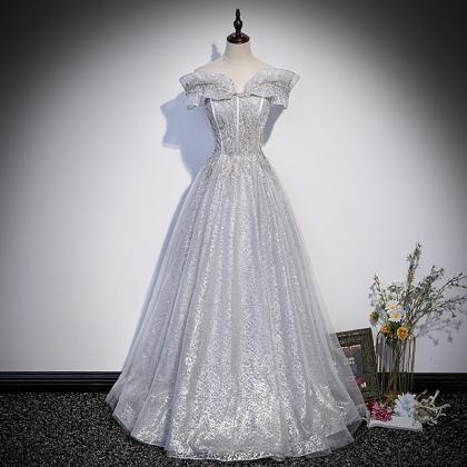 Gray Off Shoulder Party Dress Glitter Prom Dress