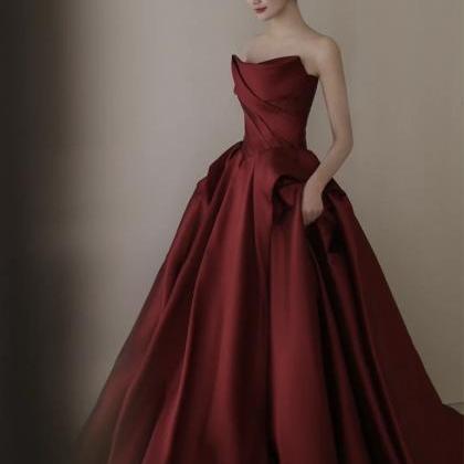 Strapless Satin Red Long Prom Dress Formal Long..