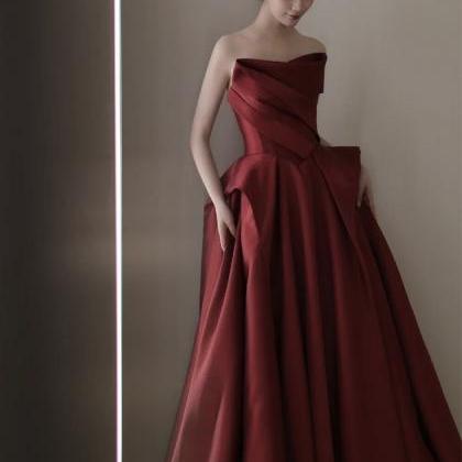 Strapless Satin Red Long Prom Dress Formal Long..
