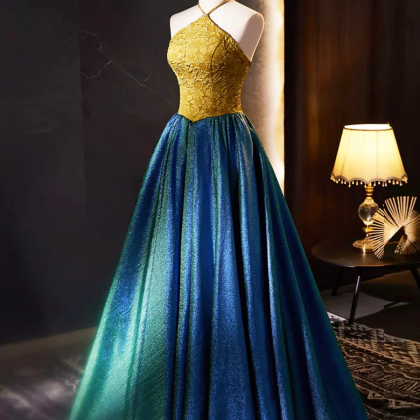 Halter Neck Jacquard Prom Dress Yellow And Blue..