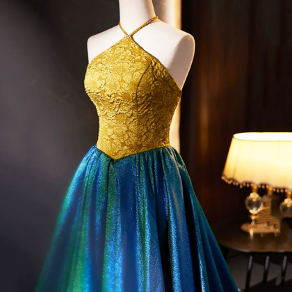 Halter Neck Jacquard Prom Dress Yellow And Blue..