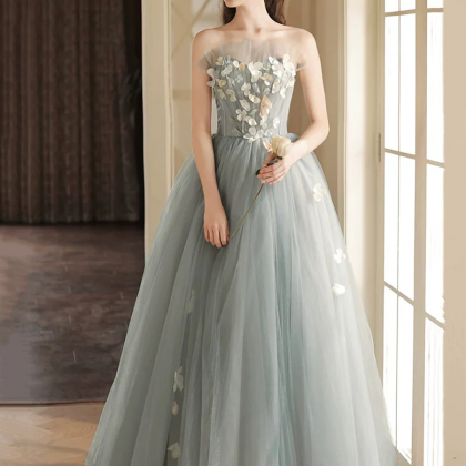 Gray Tulle Strapless Long Prom Dress, Cute A-line..