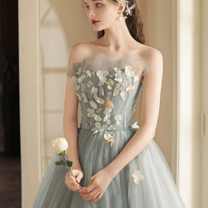 Gray Tulle Strapless Long Prom Dress, Cute A-line..