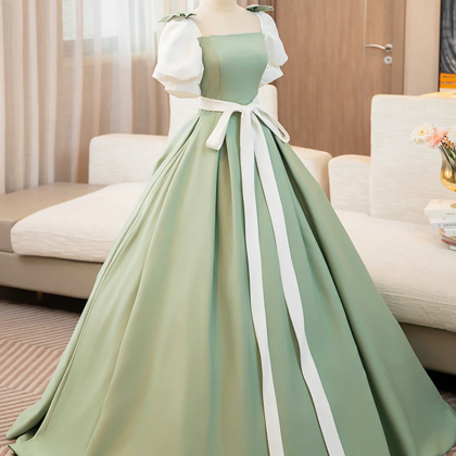 White And Green Satin Long Prom Dress, A-line..