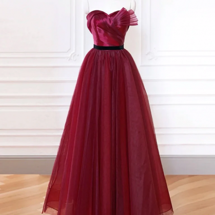 A-line Sweetheart Neck Tulle Burgundy Long Prom..
