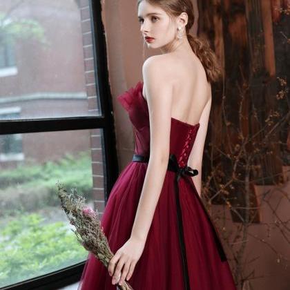 A-line Sweetheart Neck Tulle Burgundy Long Prom..