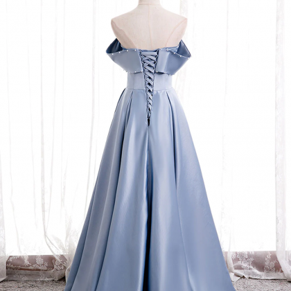 Blue Satin Of Shoulder Long Prom Dress Blue..