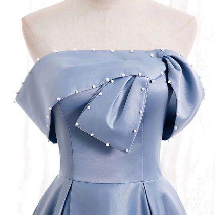 Blue Satin Of Shoulder Long Prom Dress Blue..