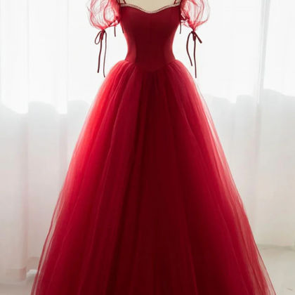 Red Tulle Short Sleeve Prom Dress, A-line Floor..