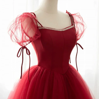 Red Tulle Short Sleeve Prom Dress, A-line Floor..