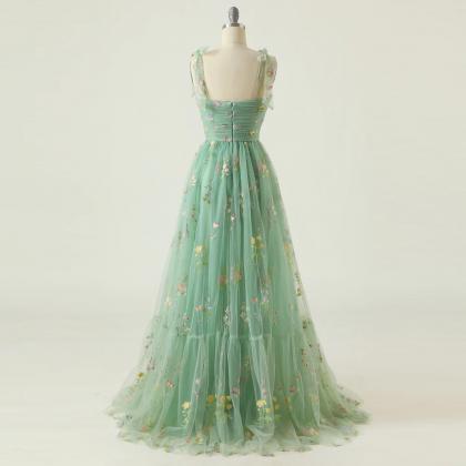 Spaghetti Strap Light Green Embroidered Prom Dress..