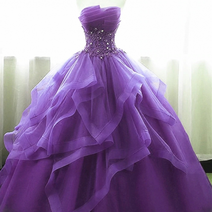 Strapless Tulle Purple Long Prom Dress, Lovely..