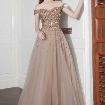 Off The Shoulder Beading Long Prom Dresses, A-line..