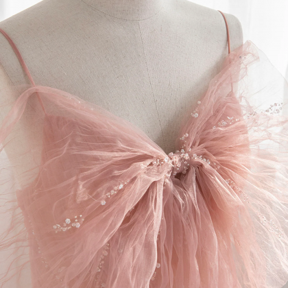 Pink Tulle Beaded Long Prom Dress, A-line Evening..