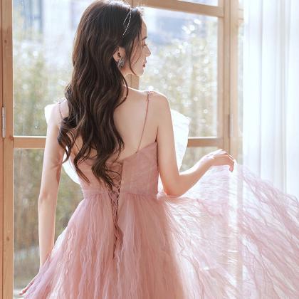 Pink Tulle Beaded Long Prom Dress, A-line Evening..