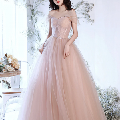 Pink Tulle Lace Long Formal Dresses, A-line..