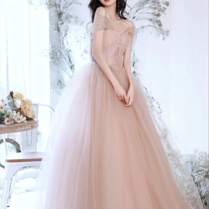Pink Tulle Lace Long Formal Dresses, A-line..