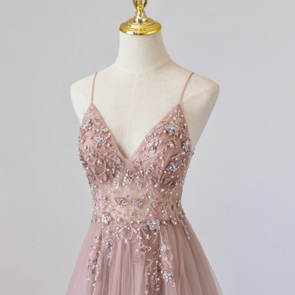 Pink V-neck Tulle Long Prom Dress With Beaded,..