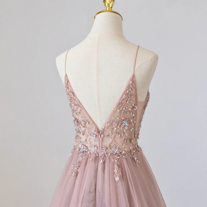 Pink V-neck Tulle Long Prom Dress With Beaded,..