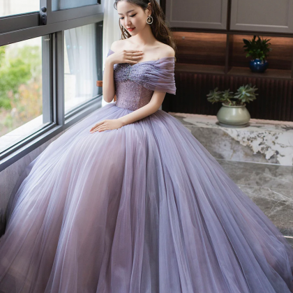 Purple Tulle Beaded Floor Length Prom Dress, Off..