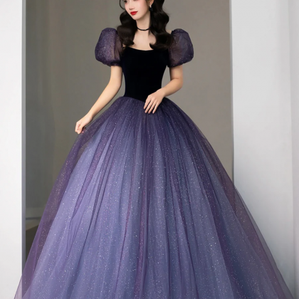 Purple Tulle Short Sleeve Formal Dress, Cute..