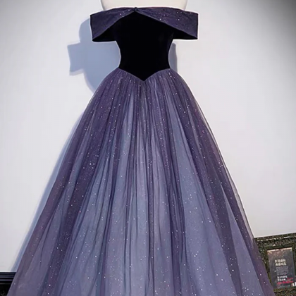 Purple Velvet Tulle Long Prom Dresses, A-line Off..