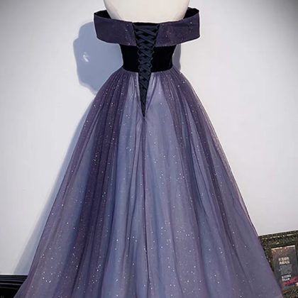Purple Velvet Tulle Long Prom Dresses, A-line Off..