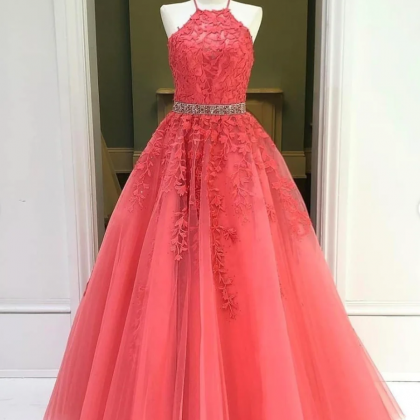 Pink Tulle Long A-line Prom Dress, Off The..