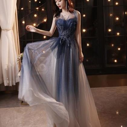 Blue Tulle Long A-line Prom Dress, Straplesss..