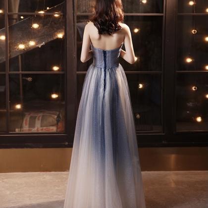 Blue Tulle Long A-line Prom Dress, Straplesss..