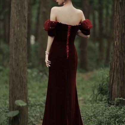 Burgundy Velvet Long Mermaid Prom Dress, Elegant..