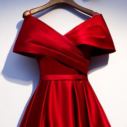 Red Satin Prom Dress, Off Shoulder Evening Dress